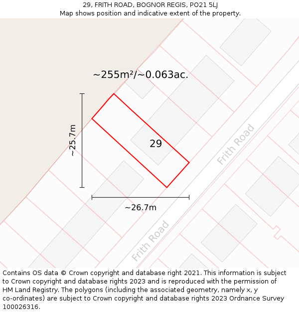 29, FRITH ROAD, BOGNOR REGIS, PO21 5LJ: Plot and title map