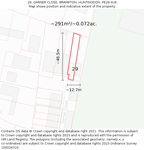 29, GARNER CLOSE, BRAMPTON, HUNTINGDON, PE28 4UE: Plot and title map