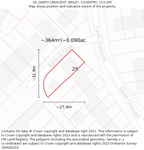29, GARTH CRESCENT, BINLEY, COVENTRY, CV3 2PP: Plot and title map