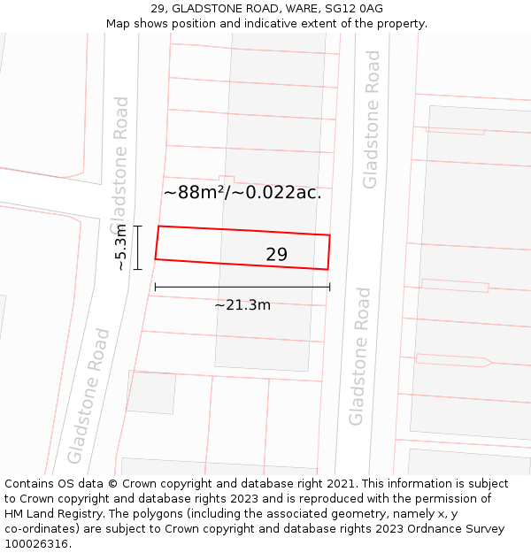 29, GLADSTONE ROAD, WARE, SG12 0AG: Plot and title map