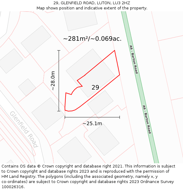 29, GLENFIELD ROAD, LUTON, LU3 2HZ: Plot and title map