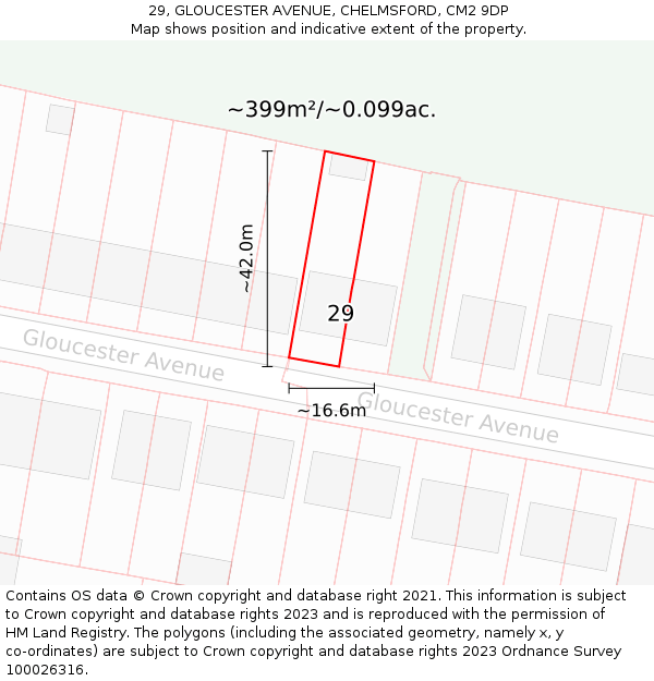 29, GLOUCESTER AVENUE, CHELMSFORD, CM2 9DP: Plot and title map