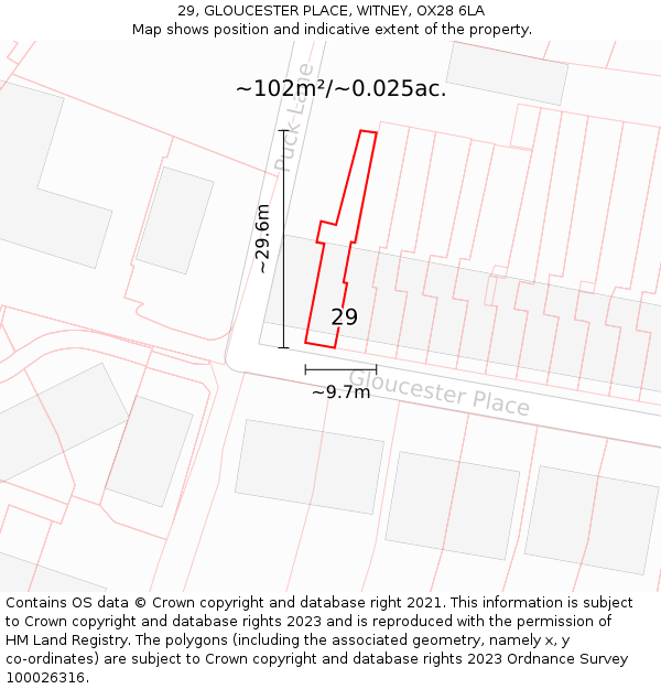 29, GLOUCESTER PLACE, WITNEY, OX28 6LA: Plot and title map