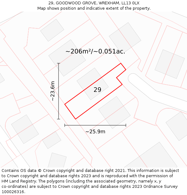 29, GOODWOOD GROVE, WREXHAM, LL13 0LX: Plot and title map
