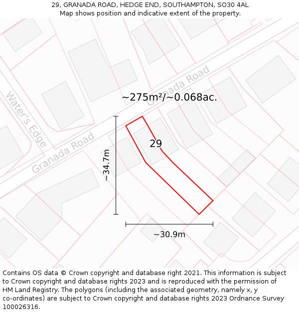 29, GRANADA ROAD, HEDGE END, SOUTHAMPTON, SO30 4AL: Plot and title map
