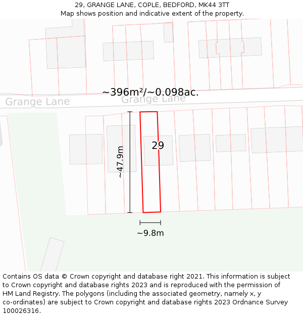 29, GRANGE LANE, COPLE, BEDFORD, MK44 3TT: Plot and title map