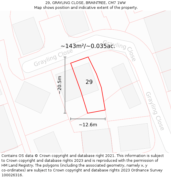 29, GRAYLING CLOSE, BRAINTREE, CM7 1WW: Plot and title map