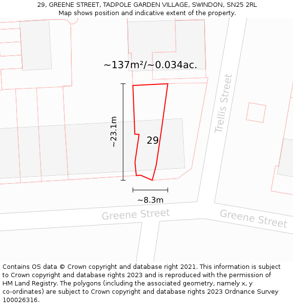29, GREENE STREET, TADPOLE GARDEN VILLAGE, SWINDON, SN25 2RL: Plot and title map