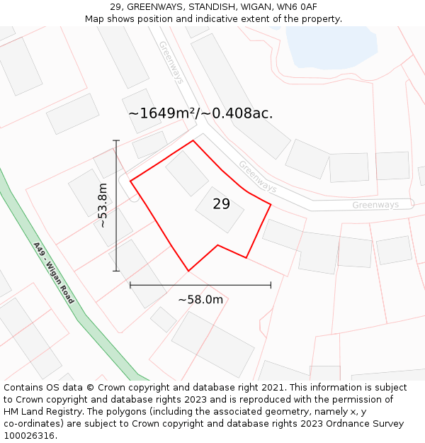 29, GREENWAYS, STANDISH, WIGAN, WN6 0AF: Plot and title map