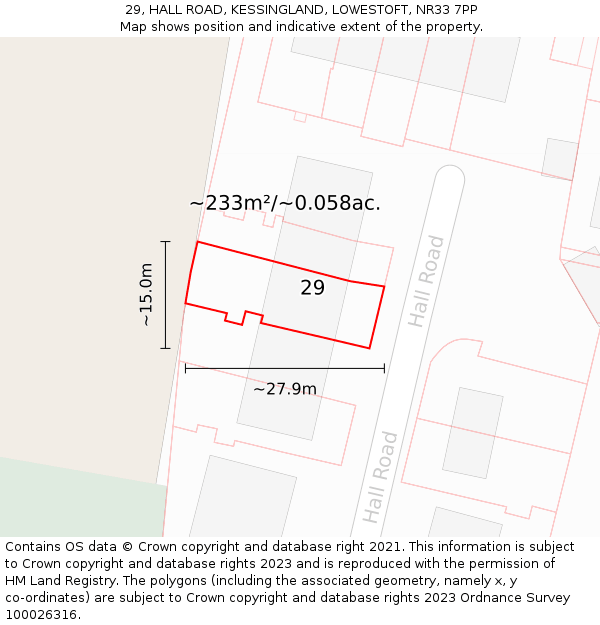 29, HALL ROAD, KESSINGLAND, LOWESTOFT, NR33 7PP: Plot and title map