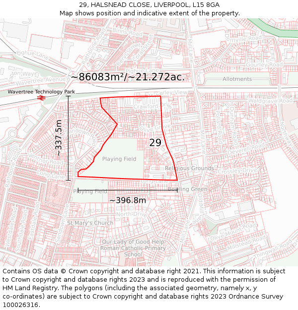 29, HALSNEAD CLOSE, LIVERPOOL, L15 8GA: Plot and title map