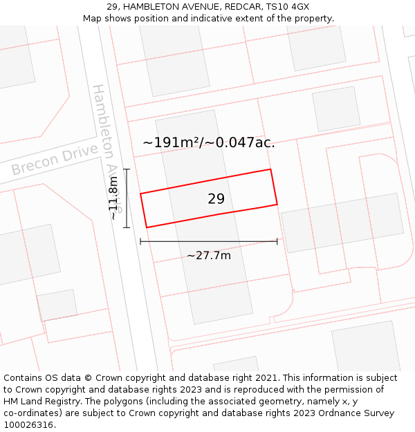 29, HAMBLETON AVENUE, REDCAR, TS10 4GX: Plot and title map