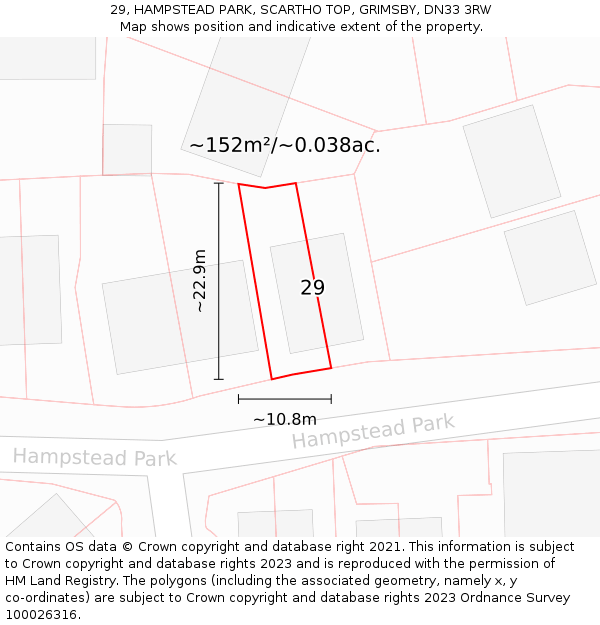29, HAMPSTEAD PARK, SCARTHO TOP, GRIMSBY, DN33 3RW: Plot and title map