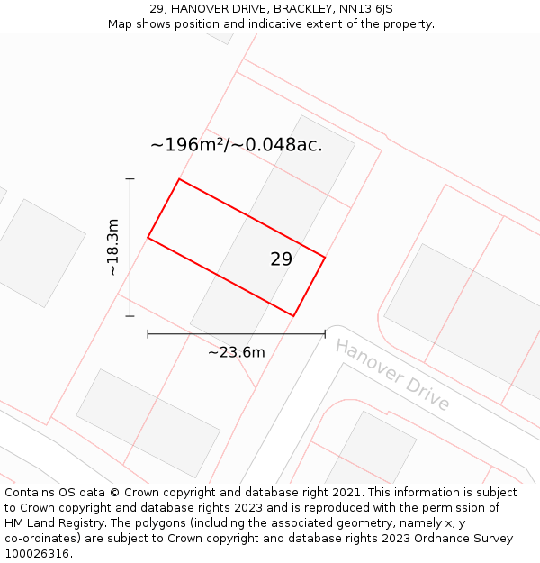 29, HANOVER DRIVE, BRACKLEY, NN13 6JS: Plot and title map