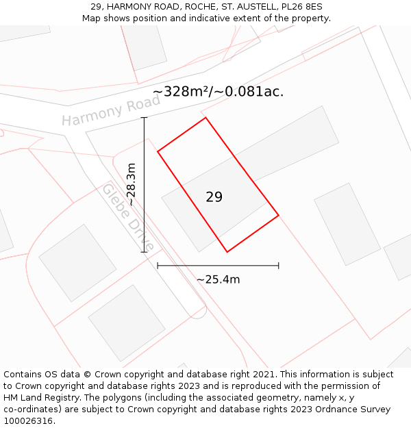 29, HARMONY ROAD, ROCHE, ST. AUSTELL, PL26 8ES: Plot and title map