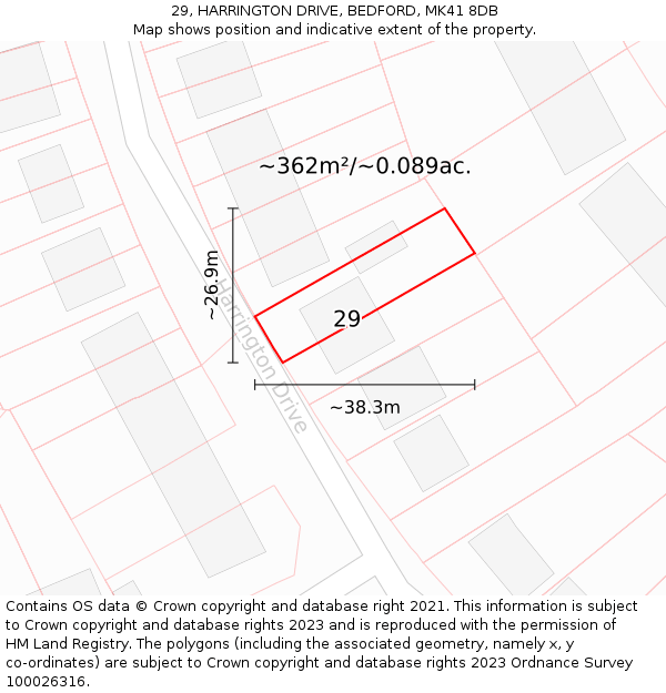 29, HARRINGTON DRIVE, BEDFORD, MK41 8DB: Plot and title map