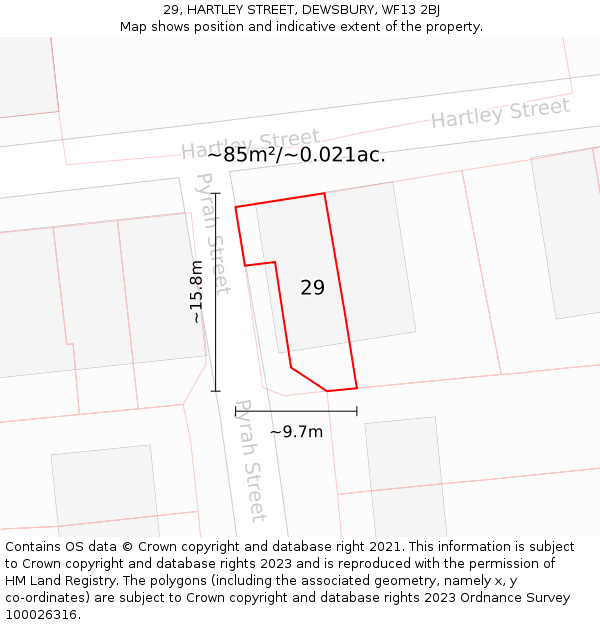 29, HARTLEY STREET, DEWSBURY, WF13 2BJ: Plot and title map