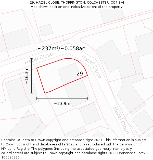 29, HAZEL CLOSE, THORRINGTON, COLCHESTER, CO7 8HJ: Plot and title map