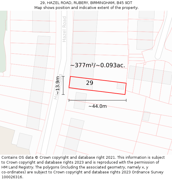 29, HAZEL ROAD, RUBERY, BIRMINGHAM, B45 9DT: Plot and title map