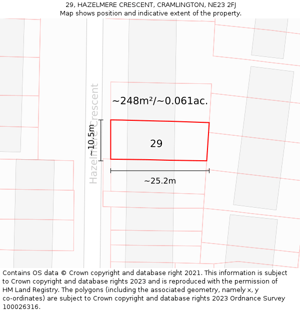 29, HAZELMERE CRESCENT, CRAMLINGTON, NE23 2FJ: Plot and title map