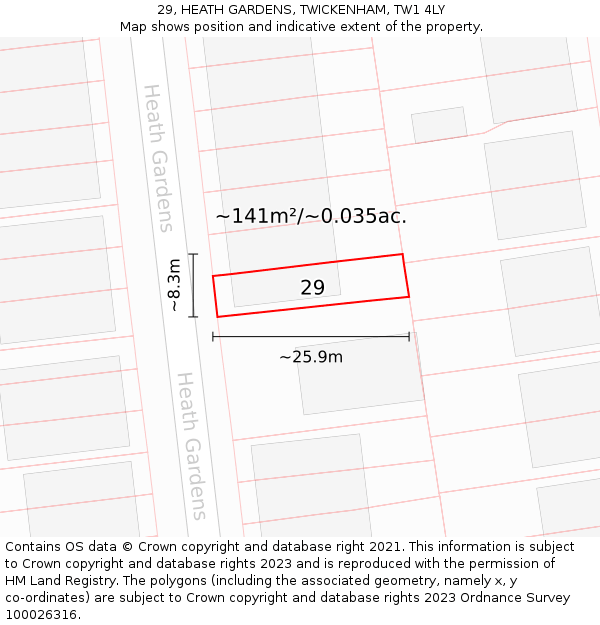 29, HEATH GARDENS, TWICKENHAM, TW1 4LY: Plot and title map