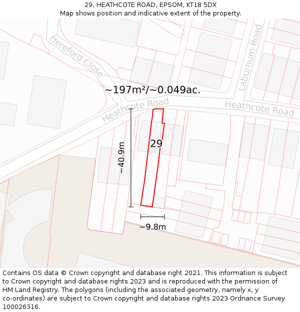 29, HEATHCOTE ROAD, EPSOM, KT18 5DX: Plot and title map