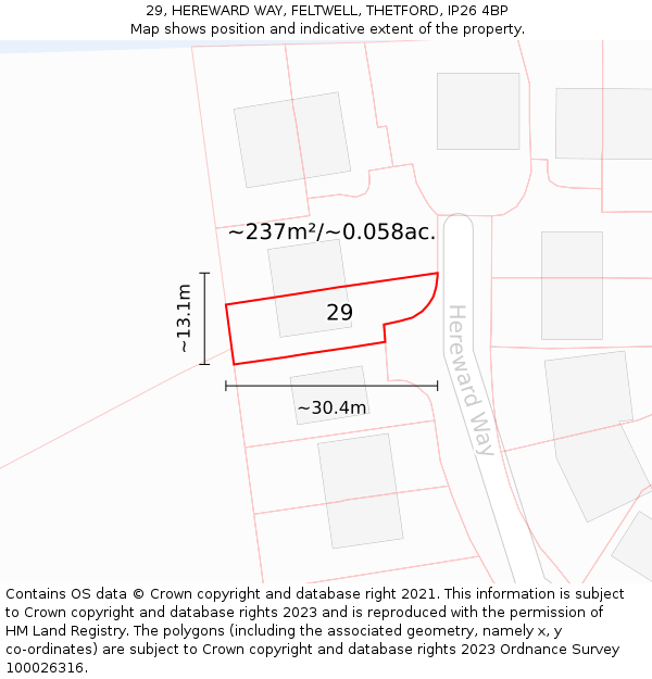 29, HEREWARD WAY, FELTWELL, THETFORD, IP26 4BP: Plot and title map