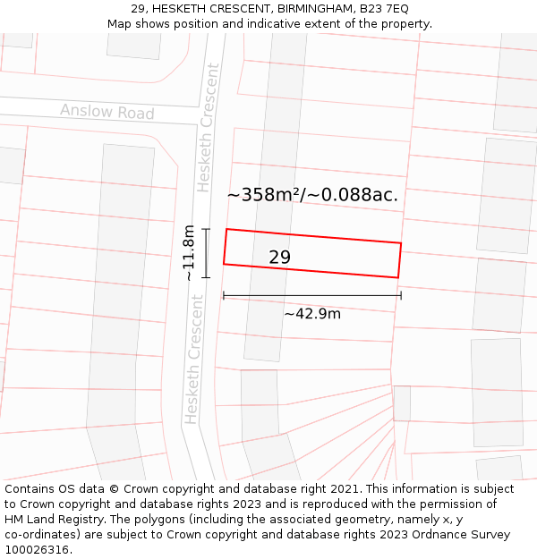 29, HESKETH CRESCENT, BIRMINGHAM, B23 7EQ: Plot and title map