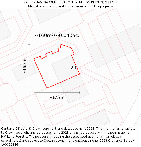 29, HEXHAM GARDENS, BLETCHLEY, MILTON KEYNES, MK3 5EY: Plot and title map