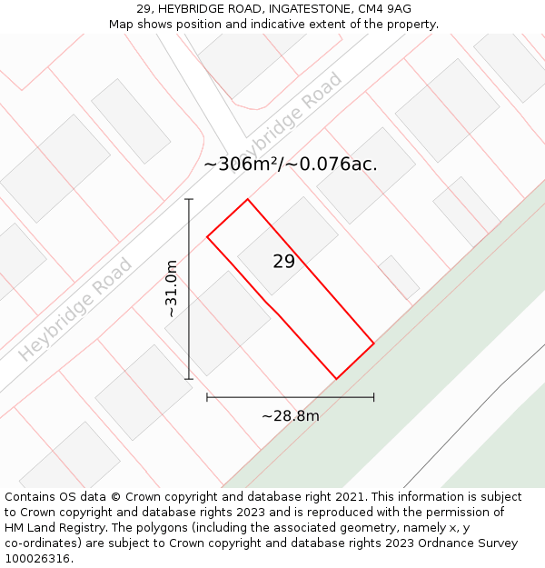 29, HEYBRIDGE ROAD, INGATESTONE, CM4 9AG: Plot and title map
