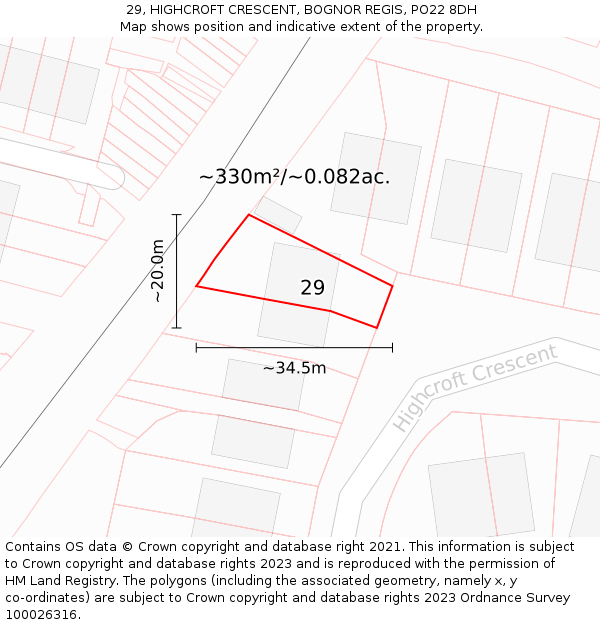 29, HIGHCROFT CRESCENT, BOGNOR REGIS, PO22 8DH: Plot and title map