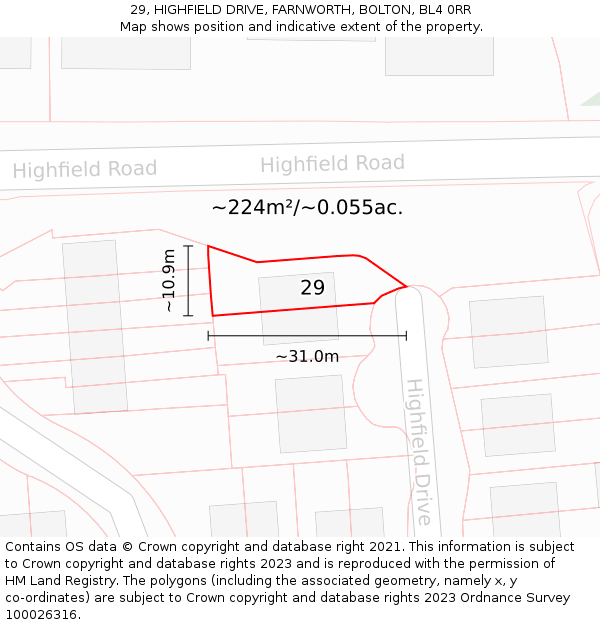 29, HIGHFIELD DRIVE, FARNWORTH, BOLTON, BL4 0RR: Plot and title map
