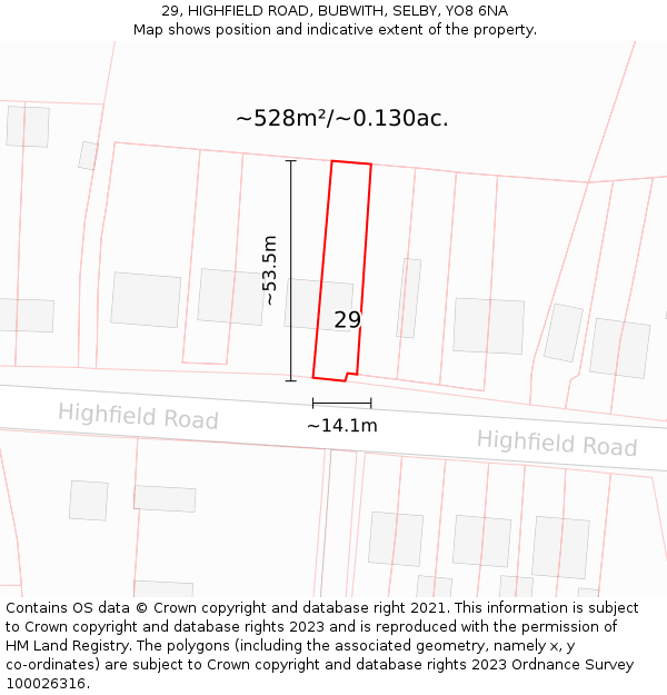 29, HIGHFIELD ROAD, BUBWITH, SELBY, YO8 6NA: Plot and title map
