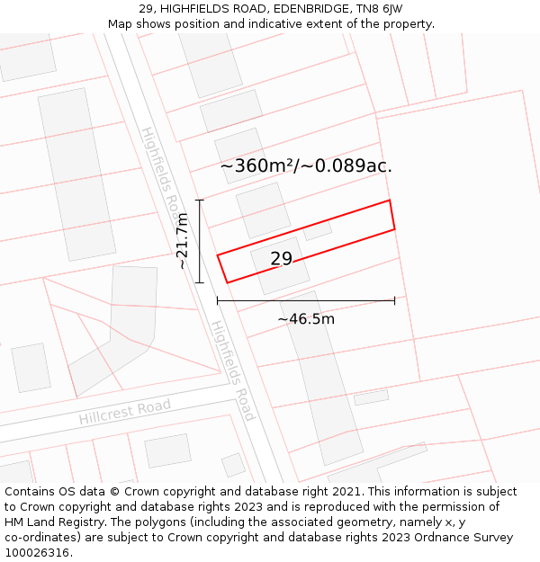29, HIGHFIELDS ROAD, EDENBRIDGE, TN8 6JW: Plot and title map