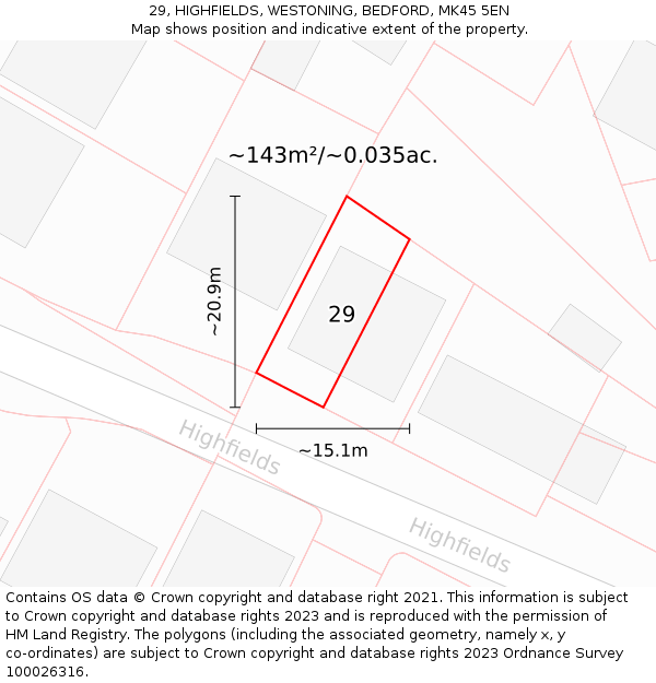 29, HIGHFIELDS, WESTONING, BEDFORD, MK45 5EN: Plot and title map