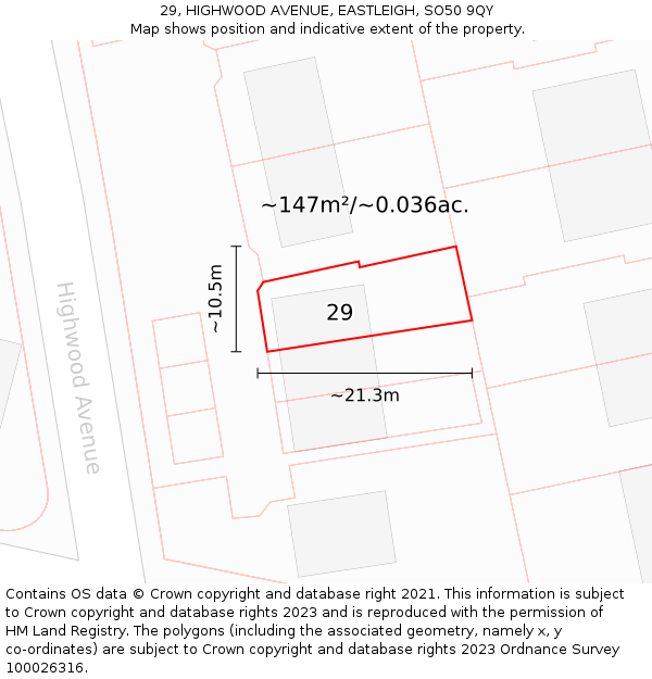 29, HIGHWOOD AVENUE, EASTLEIGH, SO50 9QY: Plot and title map