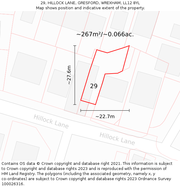 29, HILLOCK LANE, GRESFORD, WREXHAM, LL12 8YL: Plot and title map