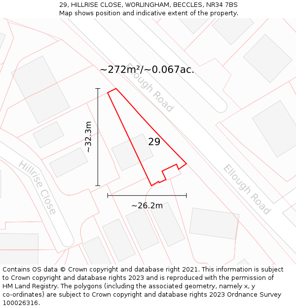 29, HILLRISE CLOSE, WORLINGHAM, BECCLES, NR34 7BS: Plot and title map
