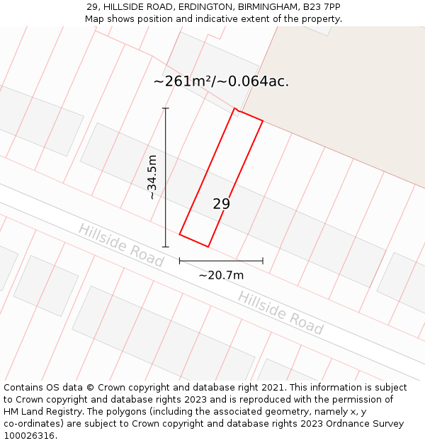 29, HILLSIDE ROAD, ERDINGTON, BIRMINGHAM, B23 7PP: Plot and title map