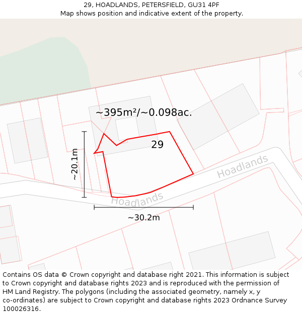 29, HOADLANDS, PETERSFIELD, GU31 4PF: Plot and title map
