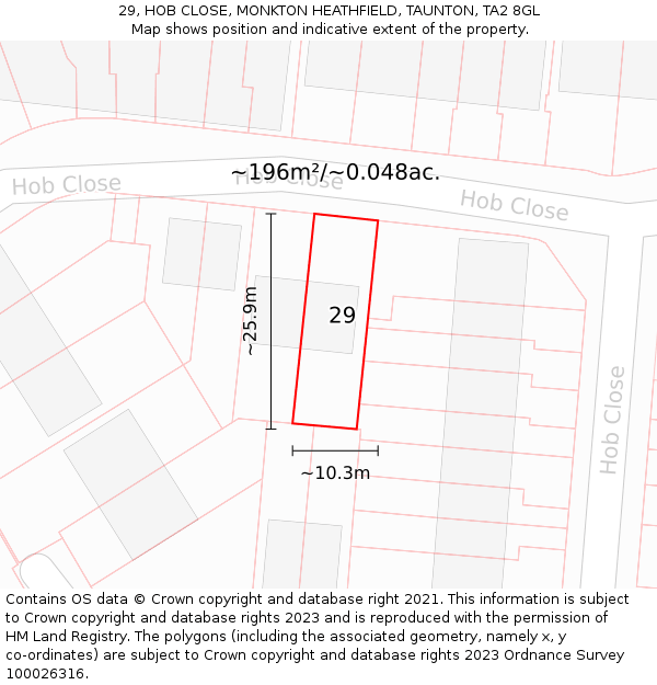 29, HOB CLOSE, MONKTON HEATHFIELD, TAUNTON, TA2 8GL: Plot and title map