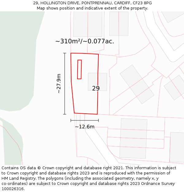 29, HOLLINGTON DRIVE, PONTPRENNAU, CARDIFF, CF23 8PG: Plot and title map