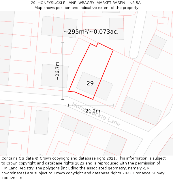 29, HONEYSUCKLE LANE, WRAGBY, MARKET RASEN, LN8 5AL: Plot and title map
