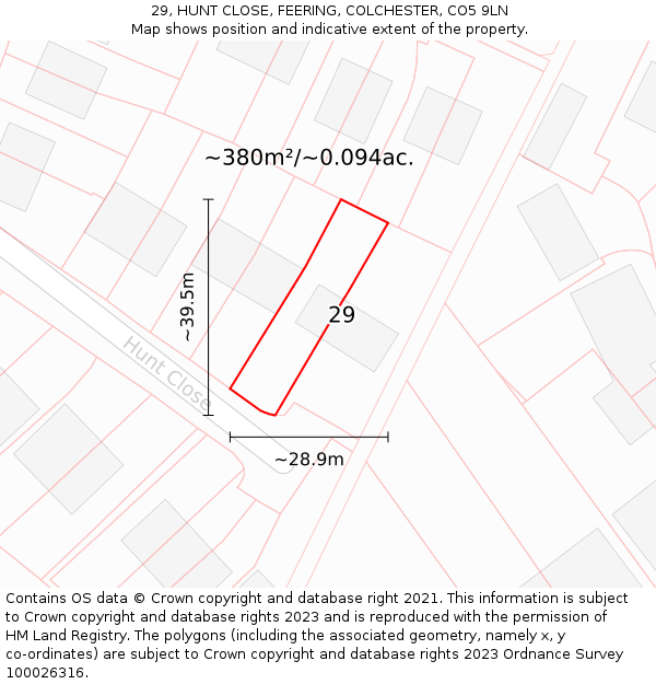 29, HUNT CLOSE, FEERING, COLCHESTER, CO5 9LN: Plot and title map