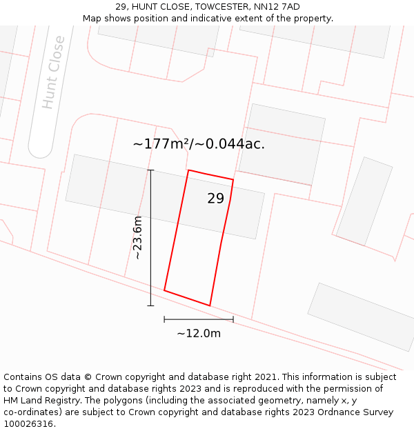 29, HUNT CLOSE, TOWCESTER, NN12 7AD: Plot and title map