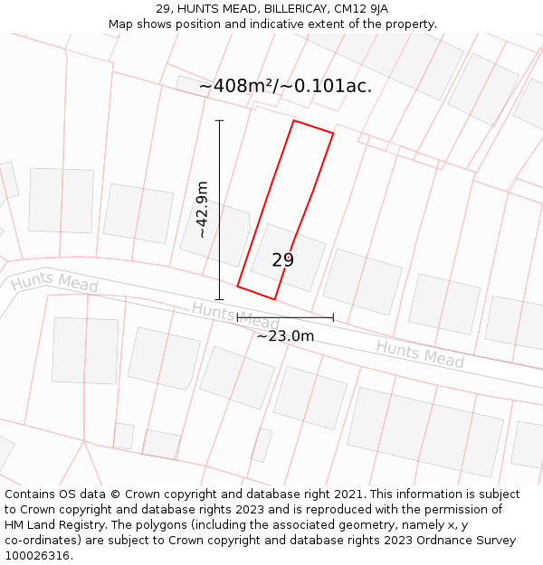 29, HUNTS MEAD, BILLERICAY, CM12 9JA: Plot and title map