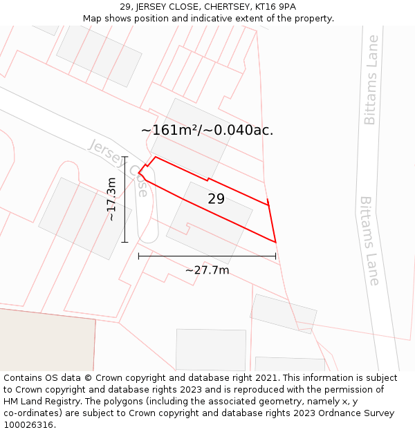 29, JERSEY CLOSE, CHERTSEY, KT16 9PA: Plot and title map