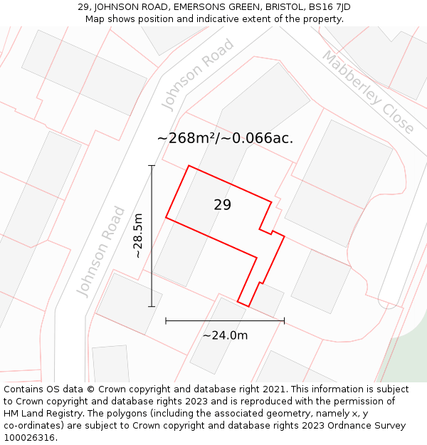 29, JOHNSON ROAD, EMERSONS GREEN, BRISTOL, BS16 7JD: Plot and title map