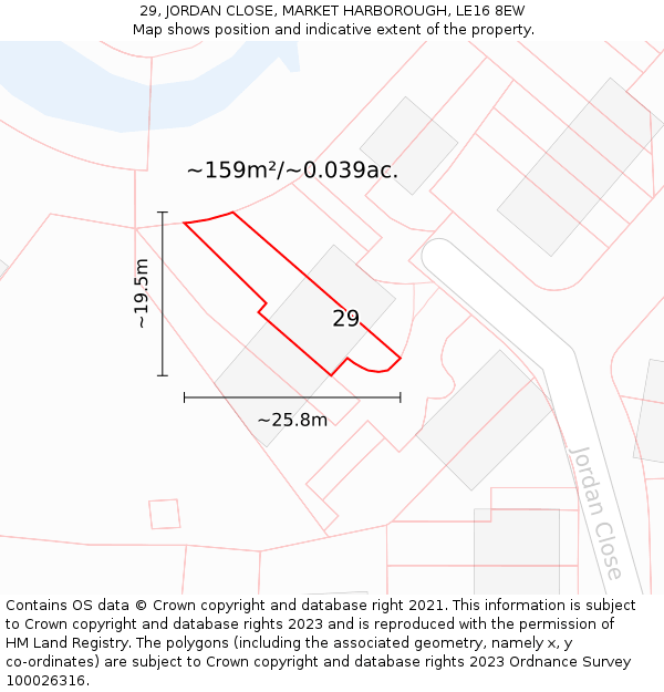 29, JORDAN CLOSE, MARKET HARBOROUGH, LE16 8EW: Plot and title map