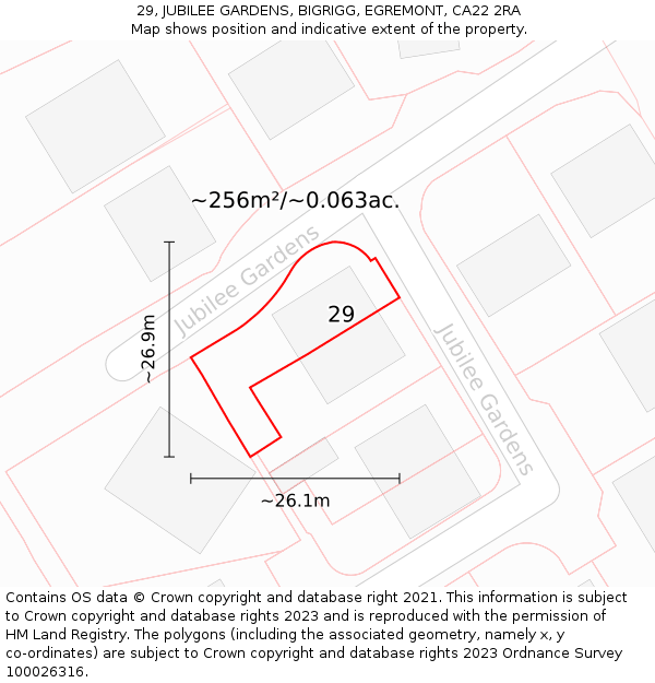 29, JUBILEE GARDENS, BIGRIGG, EGREMONT, CA22 2RA: Plot and title map